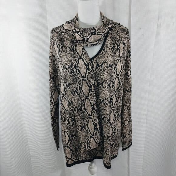 NWOT! CHICO'S! RICH BLACK & GOLD METALLIC SNAKESKIN KNIT NECKTIE SWEATER! SZ L - Picture 4 of 11